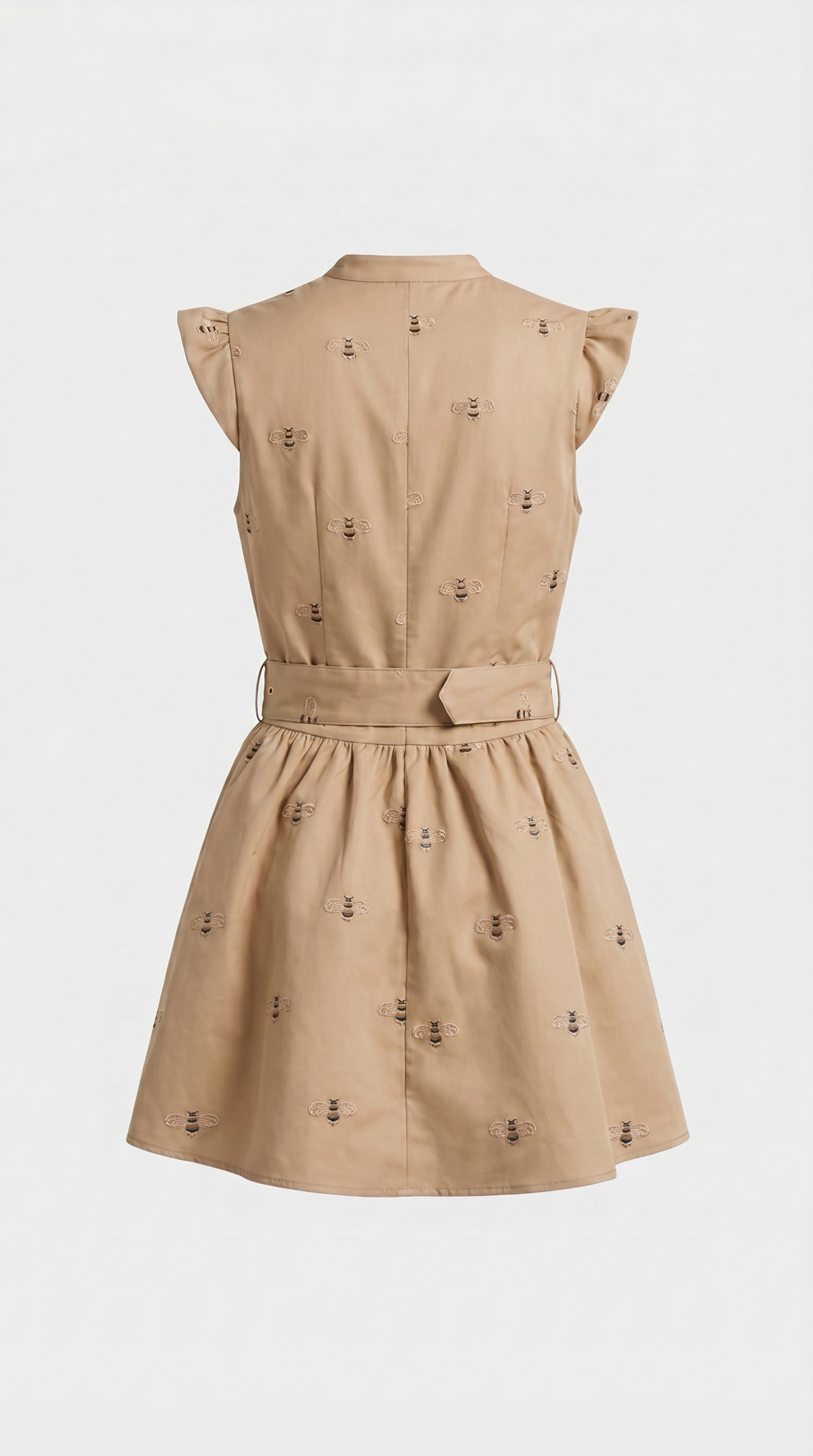 VESTIDO MINI BORDADO CON CINTURON CAQUI
