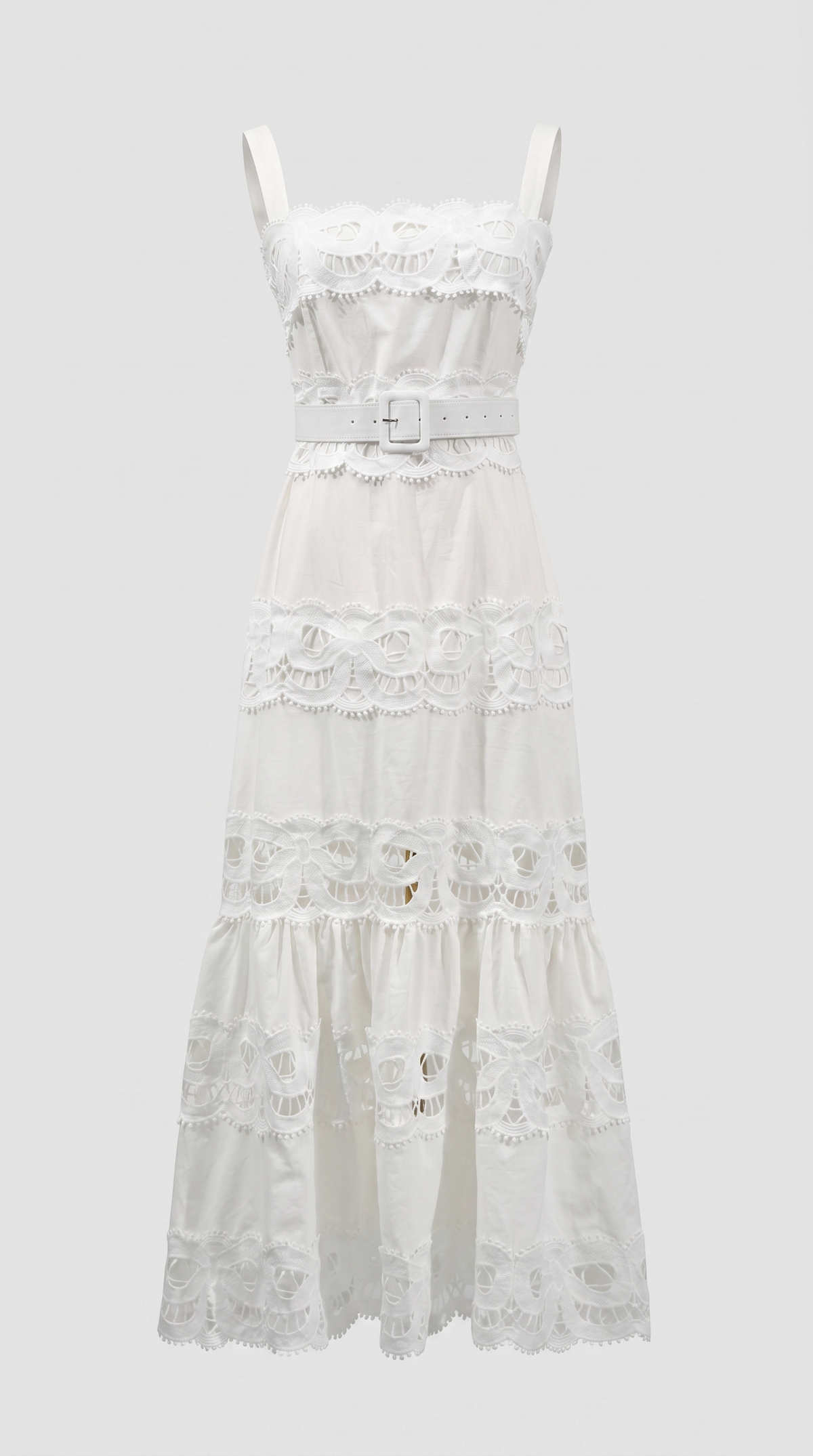 VESTIDO MAXI DE ENCAJE CON CINTURON BLANCO
