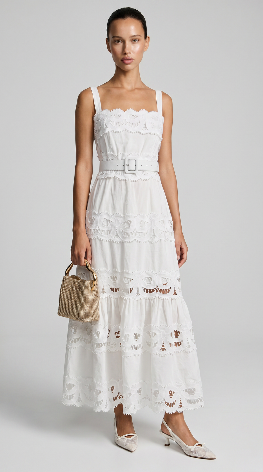 VESTIDO MAXI DE ENCAJE CON CINTURON BLANCO