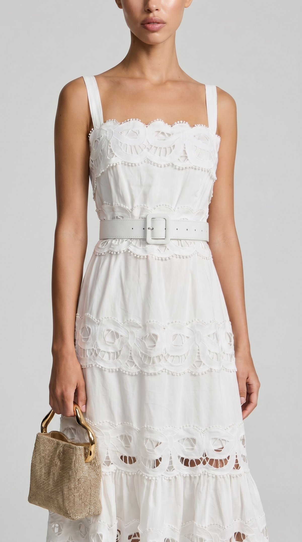 VESTIDO MAXI DE ENCAJE CON CINTURON BLANCO