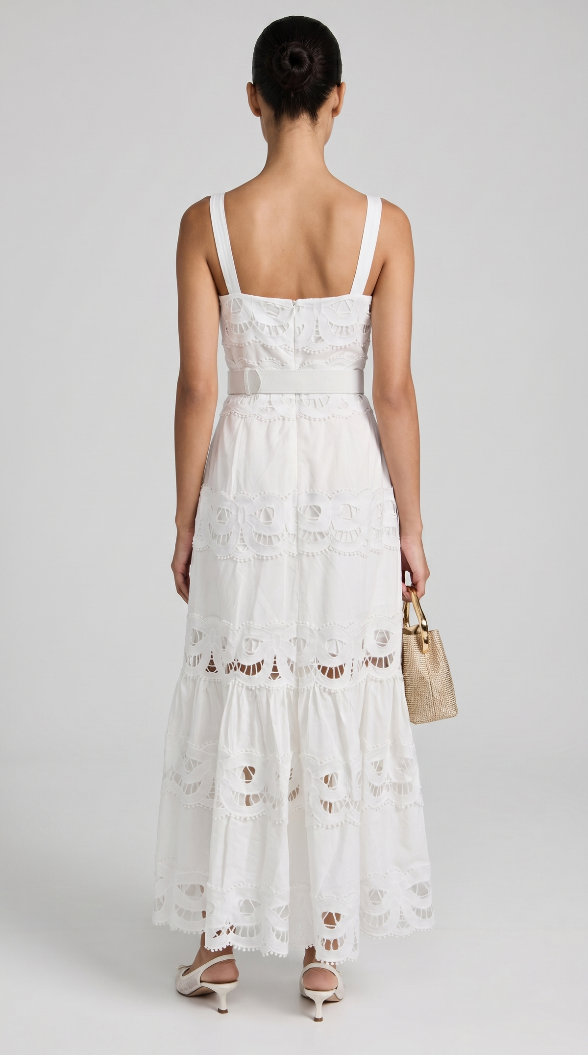 VESTIDO MAXI DE ENCAJE CON CINTURON BLANCO