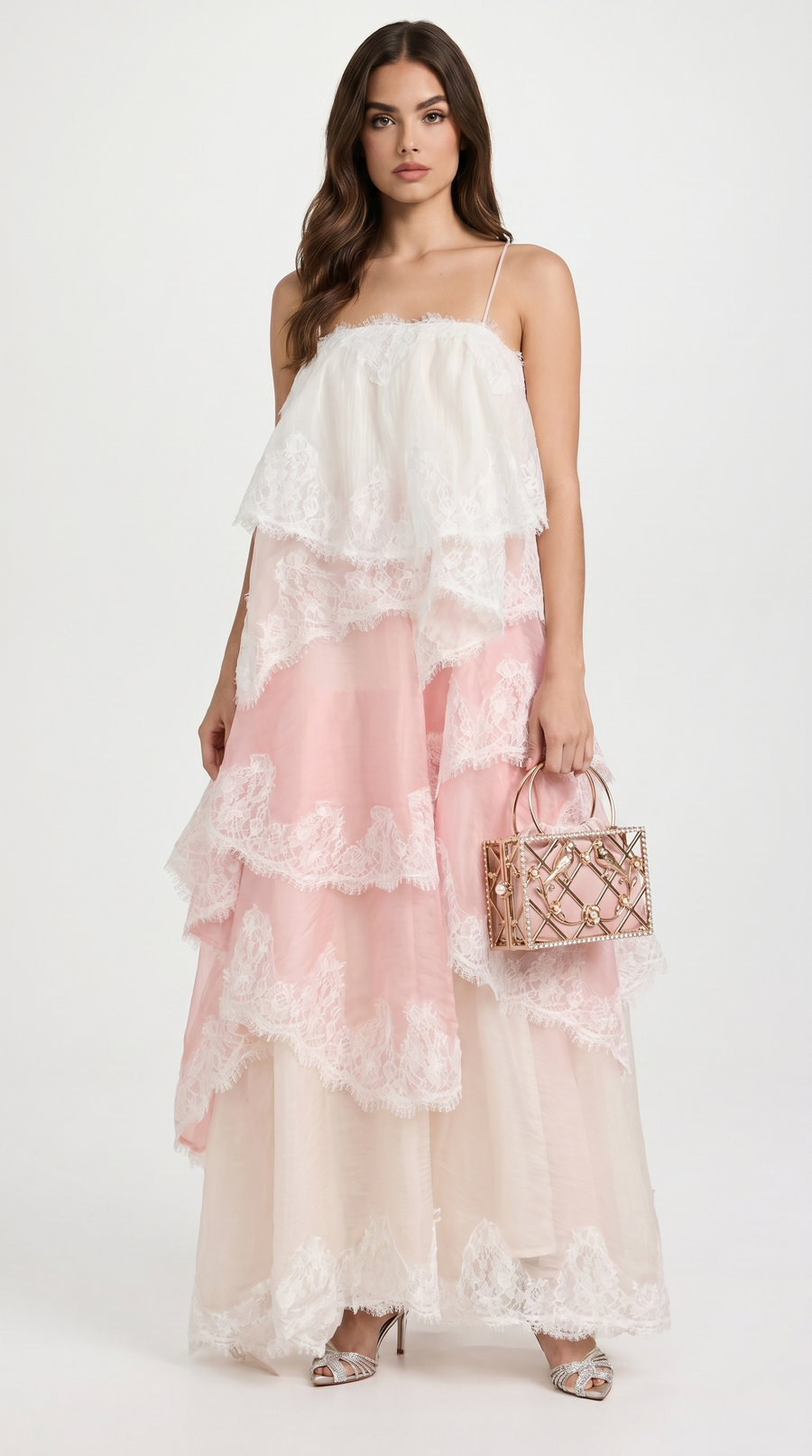 VESTIDO DE GALA DE ENCAJE Y ORGANZA
