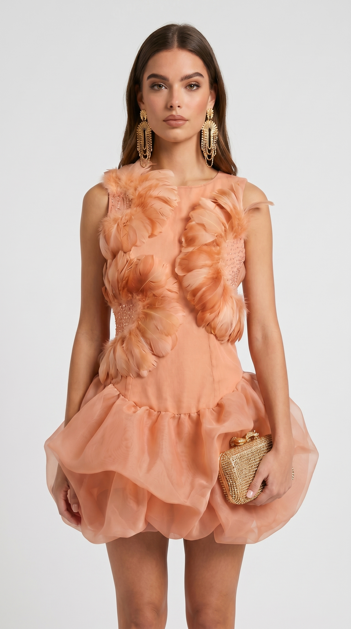 VESTIDO MINI DE ORGANZA CON PLUMAS