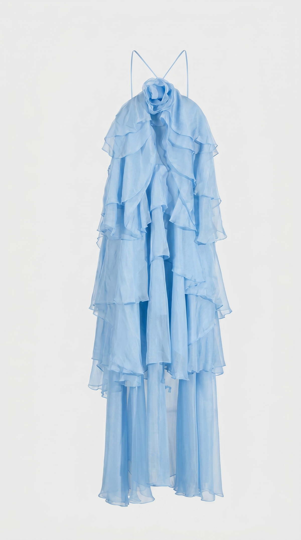 VESTIDO MAXI HALTER DE VOLANTES AZUL BEBE