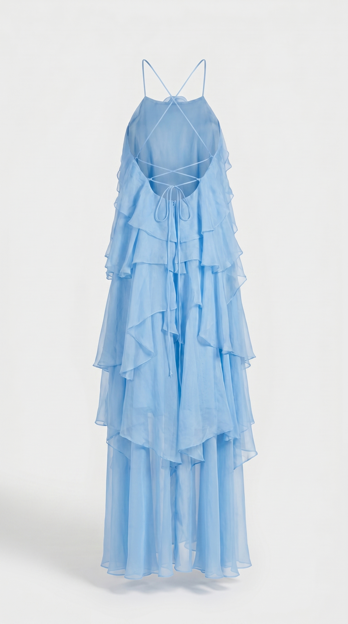 VESTIDO MAXI HALTER DE VOLANTES AZUL BEBE