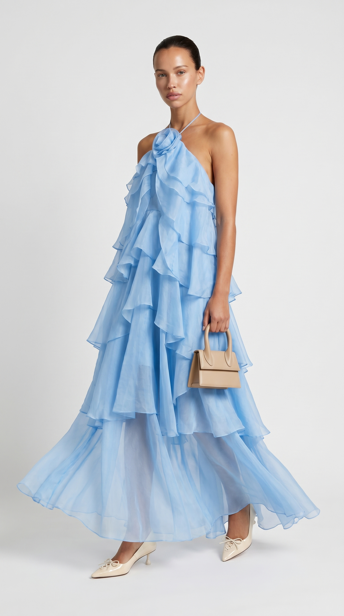 VESTIDO MAXI HALTER DE VOLANTES AZUL BEBE