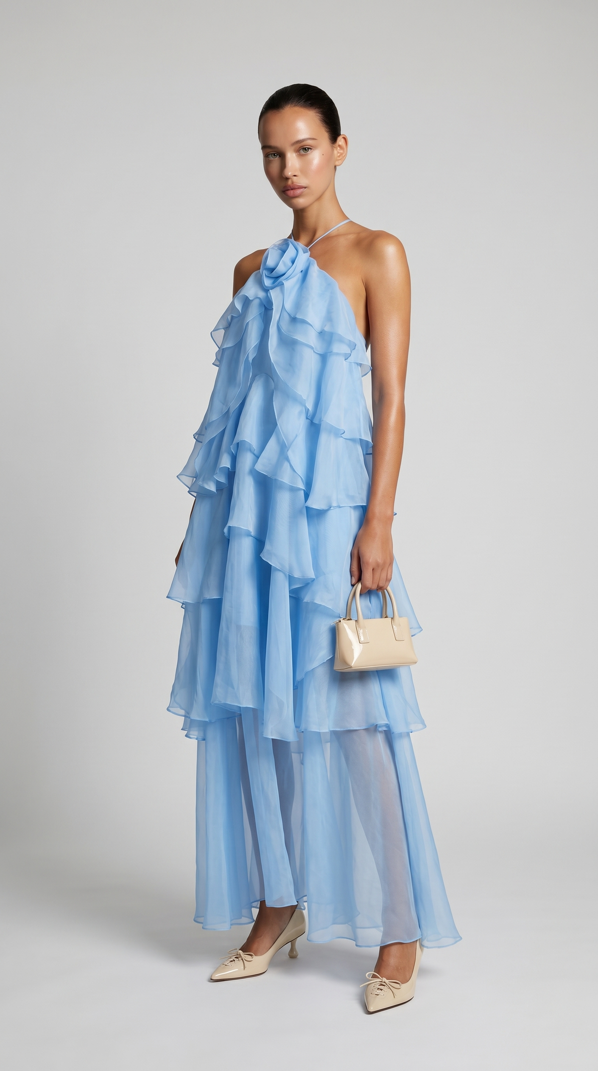 VESTIDO MAXI HALTER DE VOLANTES AZUL BEBE