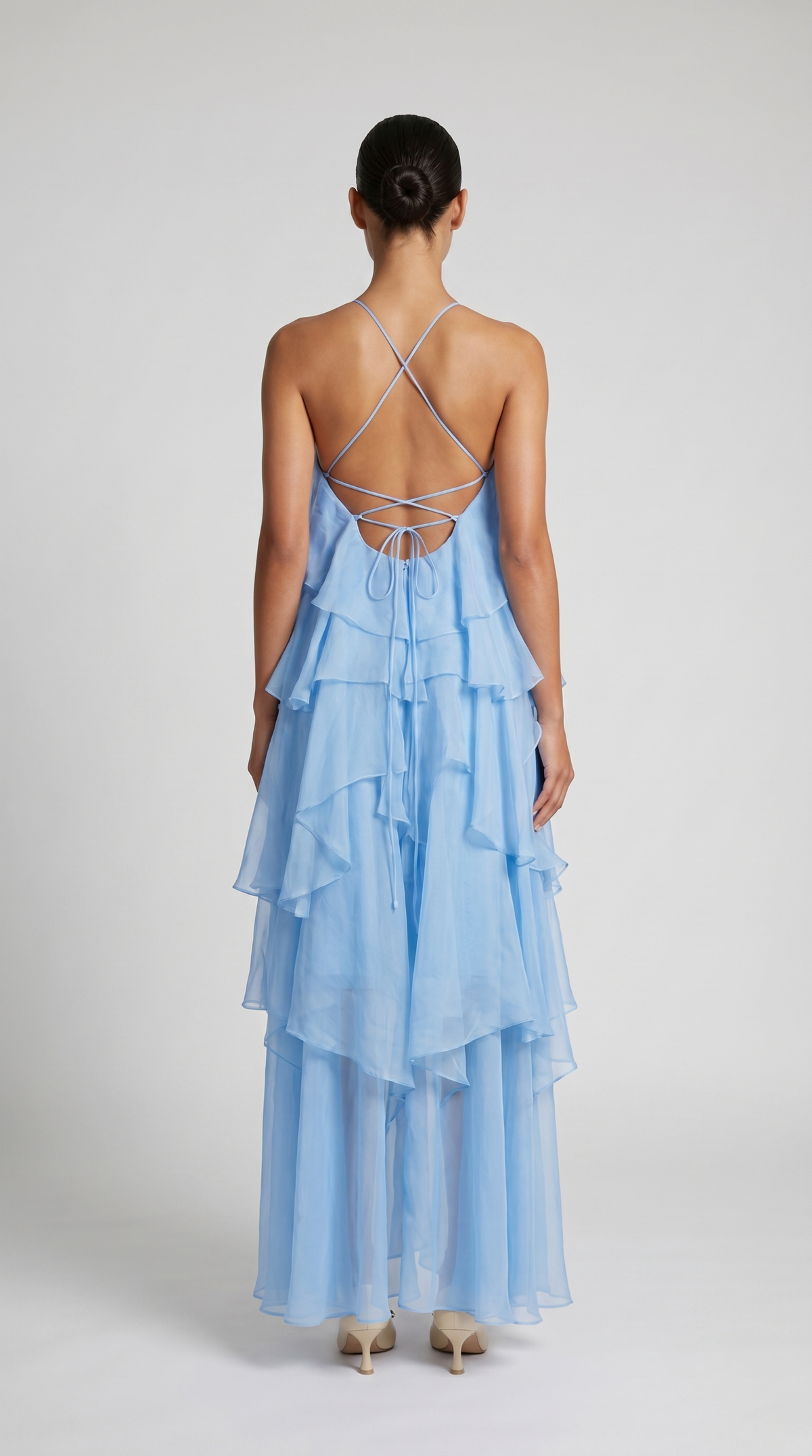 VESTIDO MAXI HALTER DE VOLANTES AZUL BEBE