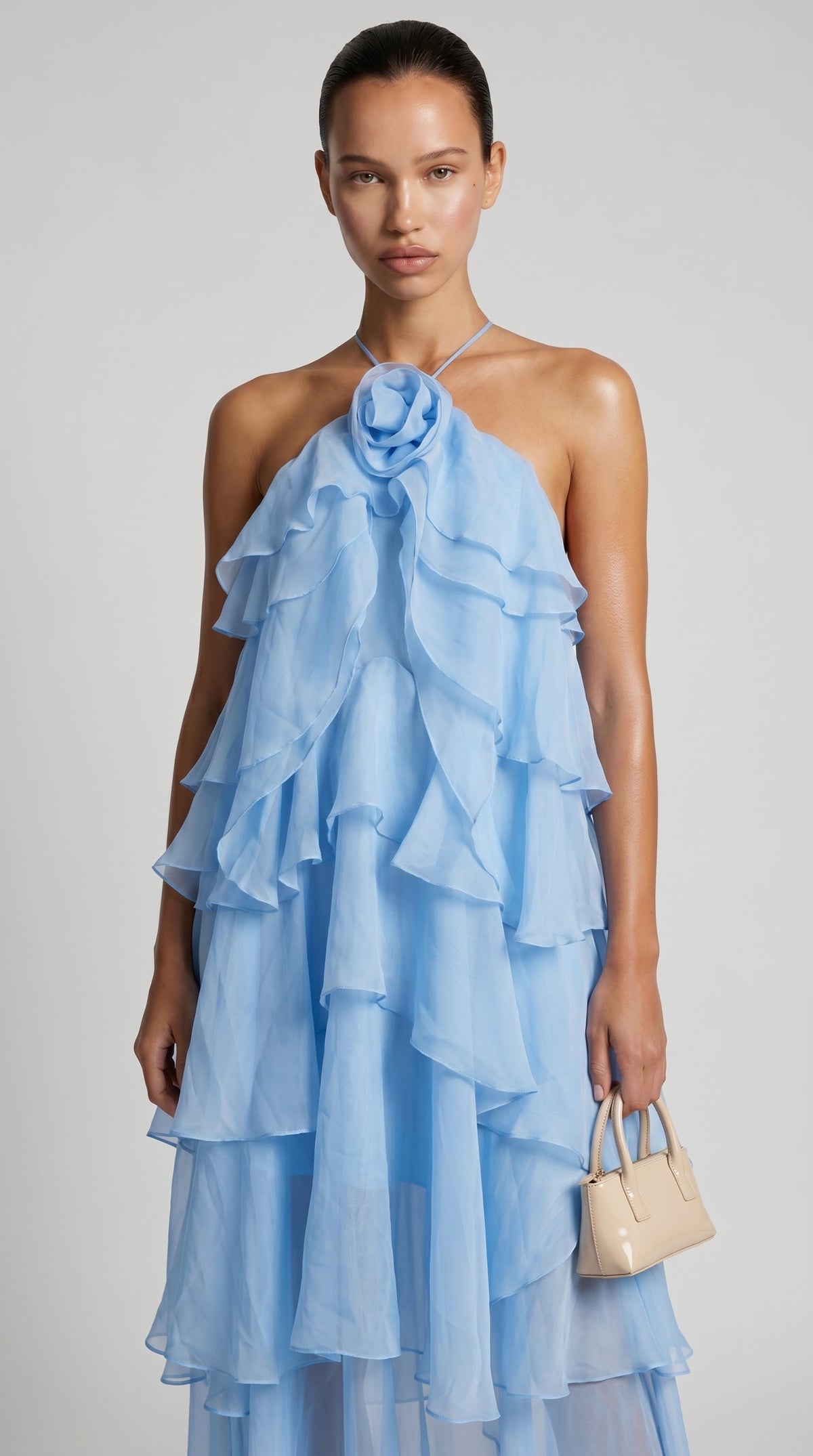 VESTIDO MAXI HALTER DE VOLANTES AZUL BEBE