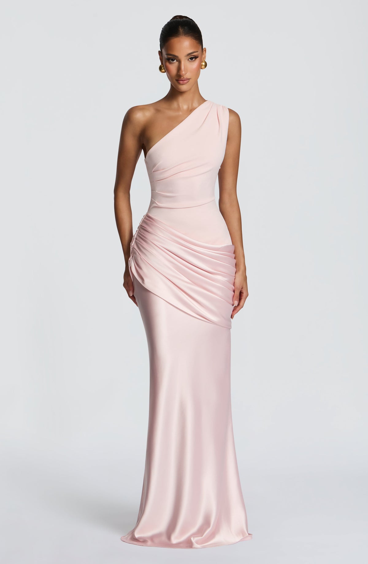 VESTIDO LARGO ASIMETRICO DE SATEN ROSA CLARO