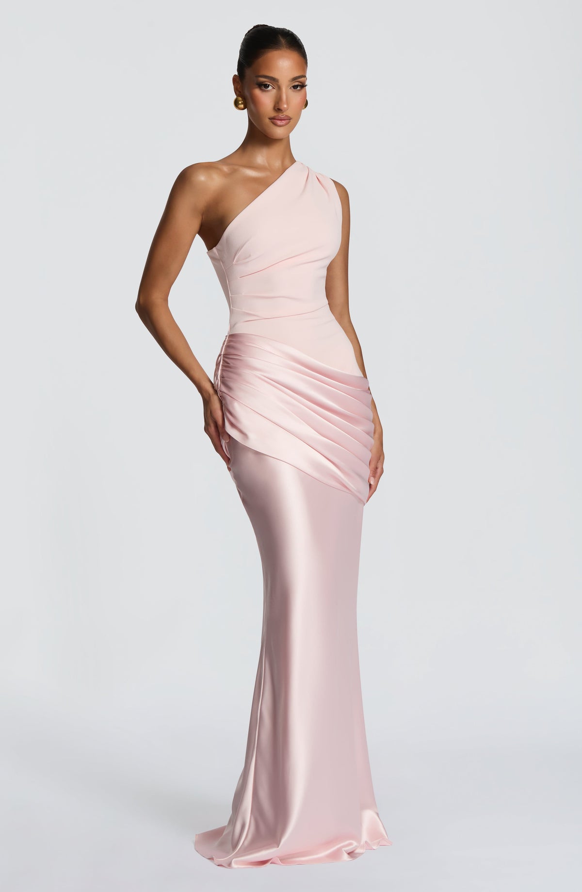 VESTIDO LARGO ASIMETRICO DE SATEN ROSA CLARO