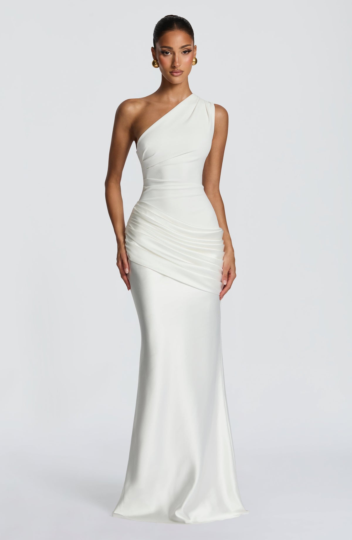 VESTIDO LARGO ASIMETRICO DE SATEN BLANCO
