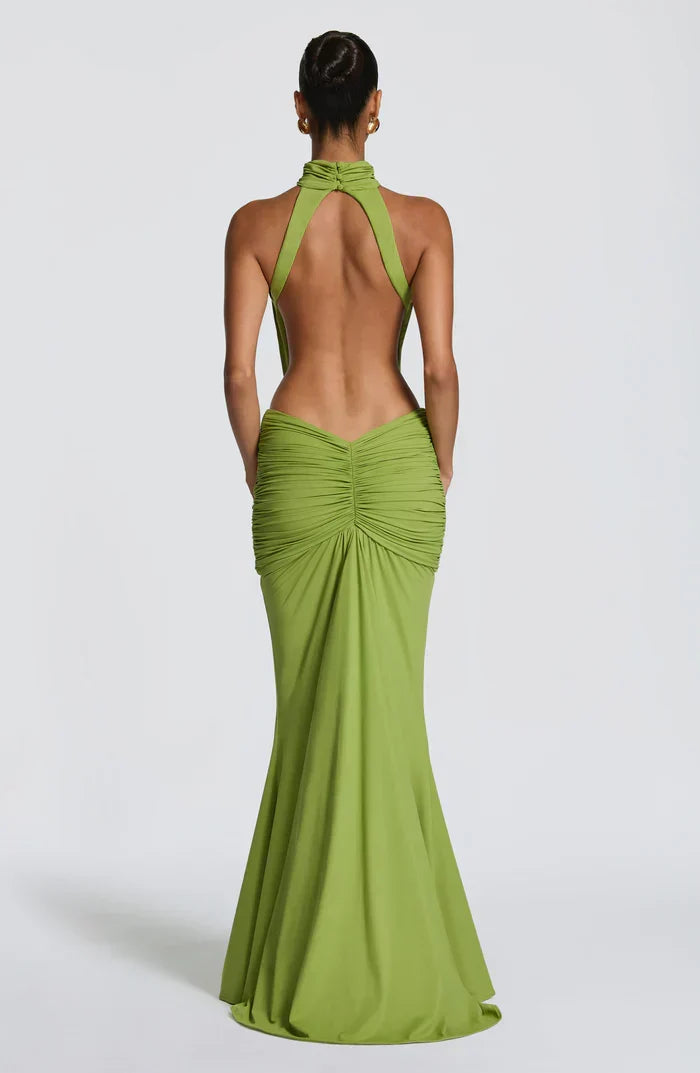 VESTIDO LARGO DRAPEADO CON ESCOTE HALTER VERDE