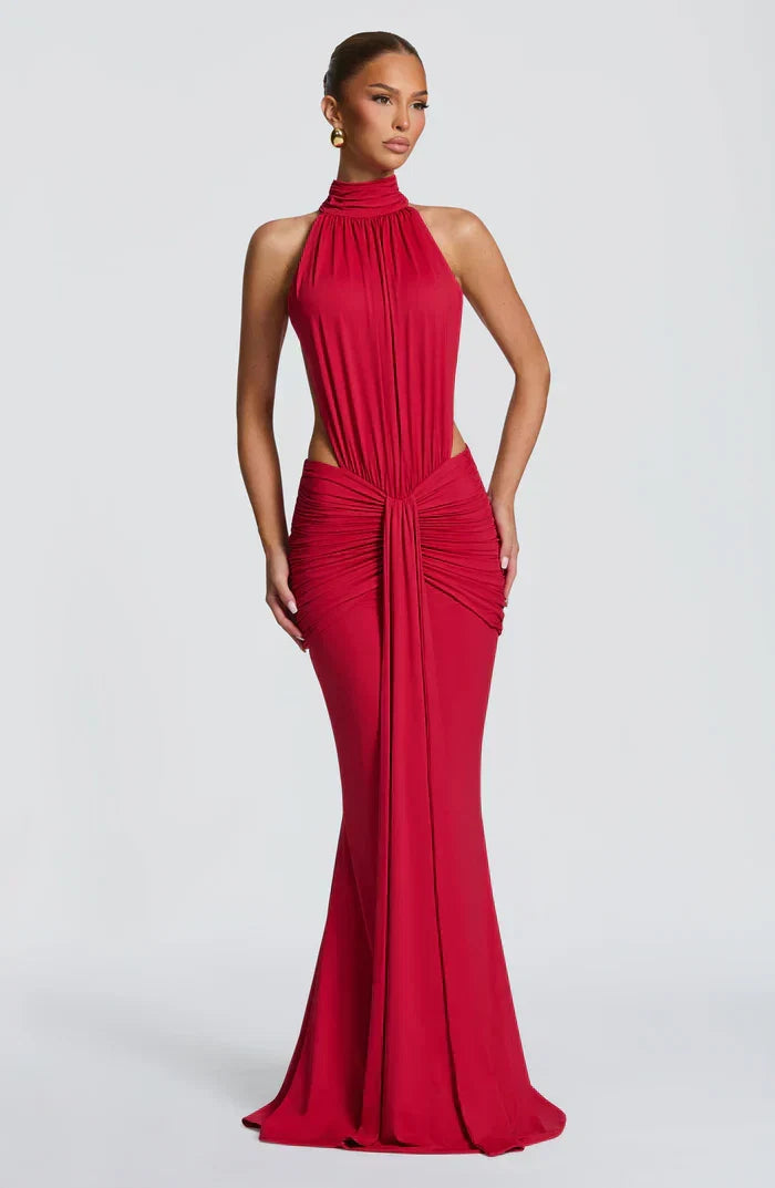 VESTIDO LARGO DRAPEADO CON ESCOTE HALTER ROJO