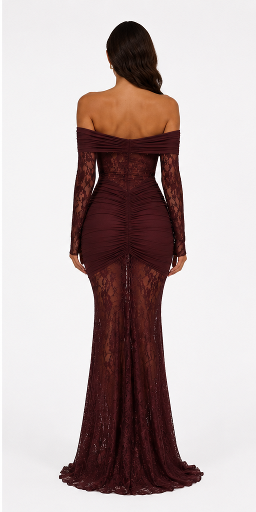 VESTIDO LARGO DE ENCAJE CON ESCOTE BARDOT
