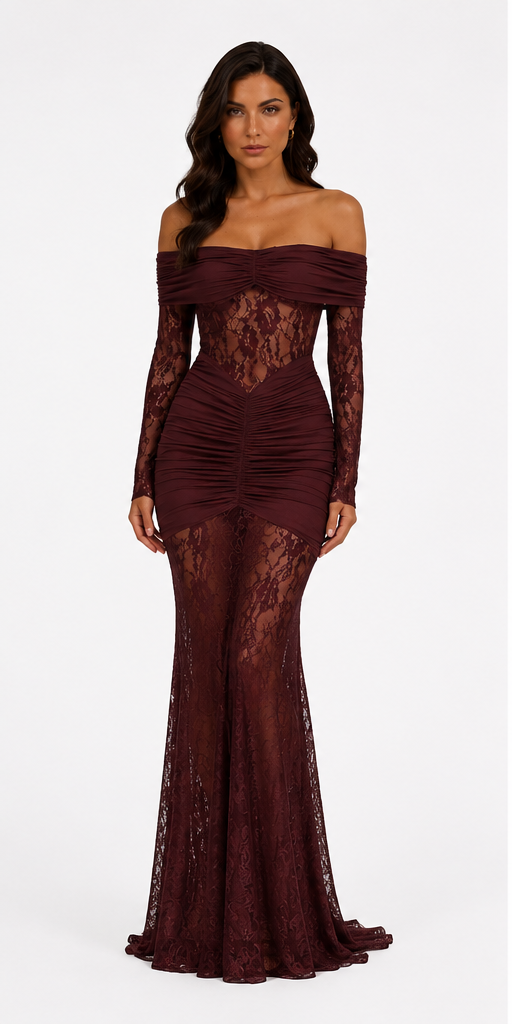 VESTIDO LARGO DE ENCAJE CON ESCOTE BARDOT