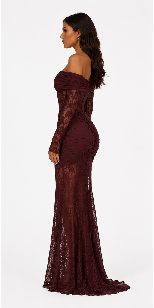VESTIDO LARGO DE ENCAJE CON ESCOTE BARDOT